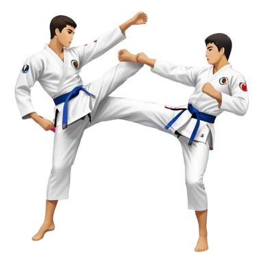 Two taekwondo fighters in a competition arena, one performing a high spinning kick towards the opponent’s head, while the other blocks with a precise guard. The background features a dynamic, bright arena with flags, emphasizing speed and agility in the martial art. Transparent background  sticker
