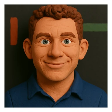 Claymation portrait with a younger face, narrower nose, narrower chin, friendly and confident facial expression, slightly larger forehead, anthracite background, alternative color accents. sticker