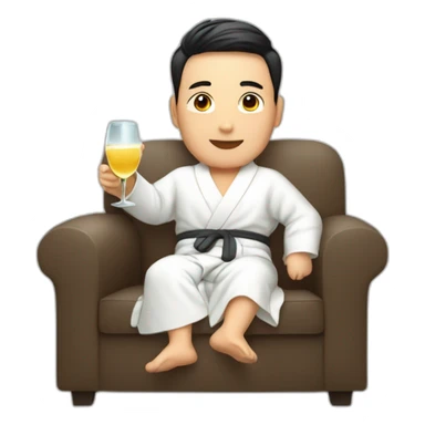 A Korean man in a bathrobe on the sofa with a glass of champagne sticker