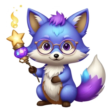 A small magical fox with shimmering purple and blue fur, a glowing fluffy tail, a silver star on its forehead, and round glasses, holding a tiny magical lantern, with heart-shaped eyes, looking in love. 🦊😍 sticker