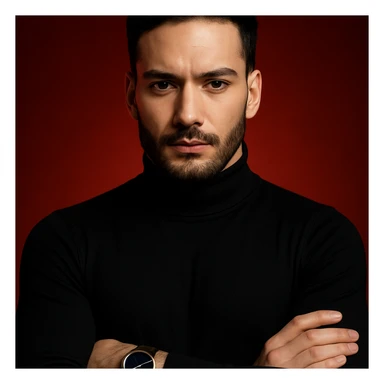Create an ultra-realistic, high-detail, 4K editorial portrait of the person in the reference image. Emphasize sharp features, flawless fair skin, sleek black hair, and a black turtleneck. The person has arms crossed and wears a wristwatch with a blue dial and brown strap. The background is a bold red gradient with dramatic cinematic lighting. The composition is symmetrical and minimal. This is variation 7. sticker