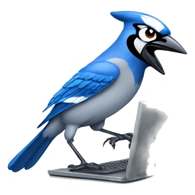blue jay getting angry at a computer sticker
