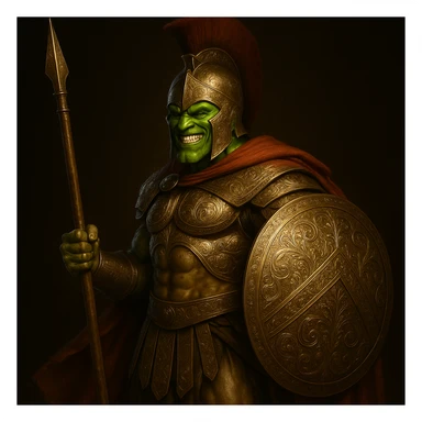 Increase the detail of the Spartan armor, adding realistic engravings, metallic shine, and intricate shield patterns, keeping the Mask's look. sticker