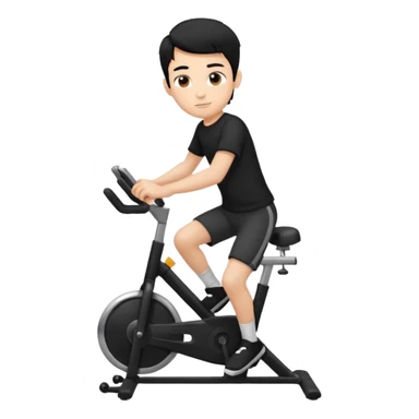 Stationary bike boy riding on it black shirt and black hair sticker