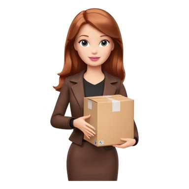 Barbie, shoulder-length reddish-brown hair, holds a package box, Barbie is wearing dark brown colored clothes sticker