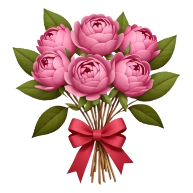 Bouquet of pink flower like rose and peony wrapped in kraft paper with red bow sticker