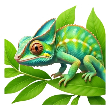 cinematic cute-smiling baby chameleon-realistic emoji,-blending-with-vibrant-greenery.-detailed-scales-in-shifting-colors,-showing-the-chameleon’s-ability-to-camouflage.-soft-natural-light-highlights-its-texture.-nature-background, zoomed into its face sticker