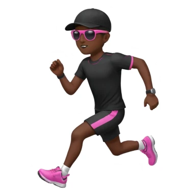 Un uomo che corre vestito completamente di nero, con un cappellino nero, occhiali da sole da bambino rosa sticker