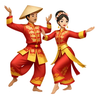 Cinematic Realistic scene of two performers executing a traditional Vietnamese folk dance, adorned in intricately patterned traditional costumes, captured in fluid motion with soft, culturally rich lighting sticker