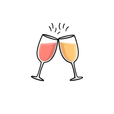 a pair of elegant goblets or wine glasses clinking together, pastel colors dd9fb0, ffc6d3, a3bfc9, c4bee2, f1b091, detailed hand-drawn doodle style sticker