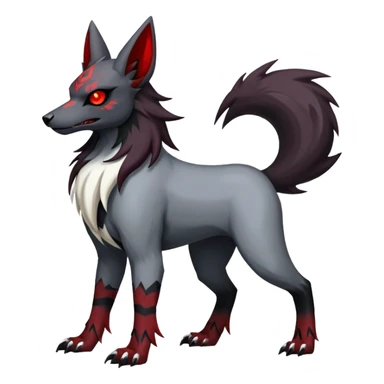 Shiny Exotic Excessive Mysterious Houndoom-Mightyena-Zorua-Zoroark-Zangoose-Houndour-Pokémon-Fakémon-hybrid-creature (full body) with a dog-skull-face sticker