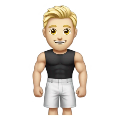 Pale skinned Fit Man With the biceps and blonde hair in black shirt, gray sports shorts and white Sneakers Writing text on the flipchart sticker