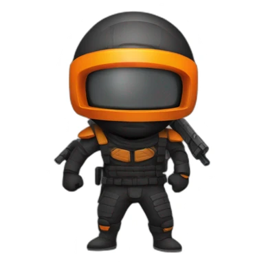 ninja with a halo above their head, two guns on their back, orange visor sticker
