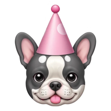 french bulldog with a birthday hat and black and white and grey coloring. please make it emoji style please. also please make the dog have a pink hat sticker