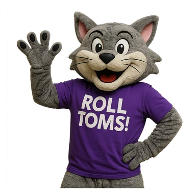 Tommie the Tomcat, University of St. Thomas mascot, in a purple t-shirt with 'Roll Toms!' text, waving and looking energetic sticker