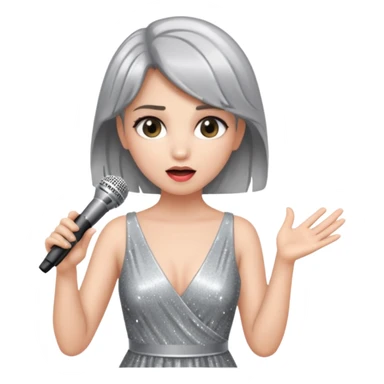 A female singer in sparkling dress holding a mic with emotional expression sticker