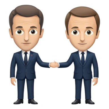 figures of Nicolas Sarkozy and Emmanuel Macron standing side by side, both with oversized heads and small bodies, wearing suits, highly recognizable faces, simplified details sticker