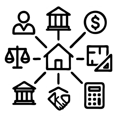 Ícono de real estate que refleje que nuestro equipo cuenta con una red de aliados de élite (abogados migratorios, brokers financieros, contadores, bancos, arquitectos, property managers y más) sticker