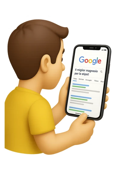 emoji stile iphone di un uomo davanti al pc che cerca di google: "Il miglior magnesio per la stipsi", iperrealistico 4k sticker