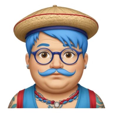 very tattoed face, normal glassess, fat venice gondolier with iconic hat and blue hair woman sticker