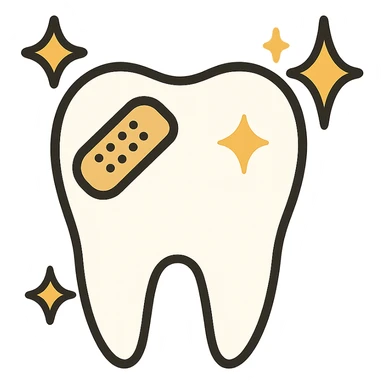 flat toon style tooth with a bandage and sparkles sticker