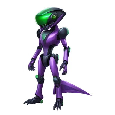 a shiny black-green-purple Genesect-Raptor-Fakémon-Medabot-hybrid with a futuristic visor-helmet full body sticker