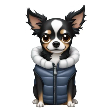 All Black chihuahua Chinese crested mix wearing a puffer vest sticker