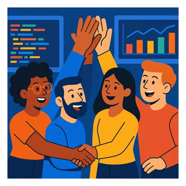 équipe IA/ML diverse célébrant un succès, high five collectif, arrière-plan avec écrans de code et graphiques, style vibrant et professionnel sticker