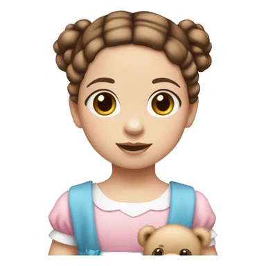 Little Girl with White skin, blue eyes. brown hair with two braids and pink two bows in it. She is wearing a pink and White dress, standing and holding on to a teddybear. sticker