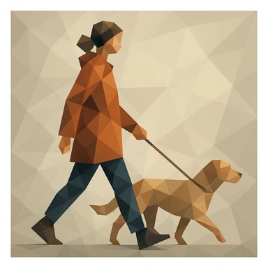 Woman walking a dog with fractured into overlapping cubes and triangles. sticker