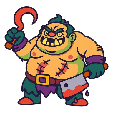 Cartoonish redesign of Pudge from Dota 2, exaggerated features, vibrant colors, playful style sticker