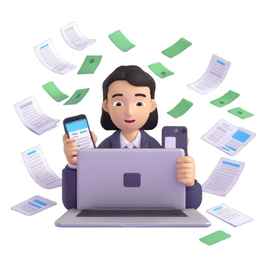 person holding a phone in one hand, laptop open in front, storm of receipts, invoices, and reminders swirling around, multitasking chaos sticker