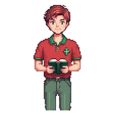 full body man, red polo, cross necklace, clean haircut, holding a book, standing pose sticker