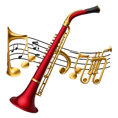 Create a sophisticated and elegant emoji that represents orchestration and arrangement. The design should feature a conductor’s baton, musical notes, and a symphonic score, symbolizing the process of arranging and orchestrating music. Incorporate instruments like a violin, trumpet, and piano keys subtly in the background, representing different sections of the orchestra. Use classical and refined colors such as gold, deep red, and black to evoke the grandeur and precision of orchestration. The background should be transparent. sticker