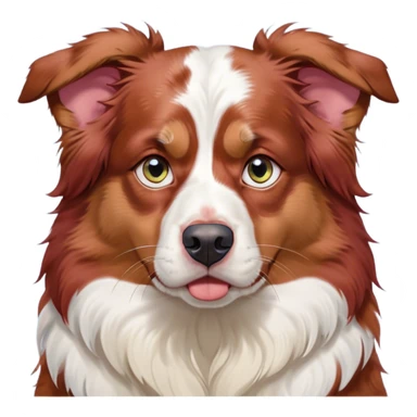 Cinematic Meme-Worthy Grumpy Predominantly White Red Merle Australian Shepherd Portrait Emoji, Head held high but eyes filled with dramatic disappointment, predominantly white fur with red merle markings, deeply furrowed brow forming an unmistakable scowl, floppy ears slightly angled back in disapproval, piercing blue eyes glaring with pure exasperation, Simplified yet hilariously over-exaggerated features, highly detailed, glowing with an aura of supreme annoyance, high shine, exhausted yet judgmental, stylized with an almost regal pettiness, bright but brooding, soft glowing outline, capturing the essence of a pup that has seen it all and is thoroughly unimpressed, so meme-worthy it feels like it could instantly become the next viral sensation of grumpiness! sticker