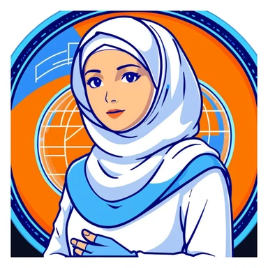 woman with white hijab in blue outfit, gazing forward, encircled by futuristic holographic screens displaying AI visualizations, quantum data patterns, circuit networks, high-tech metaverse elements sticker