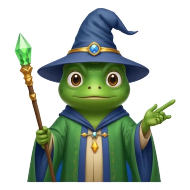 A smart frog in a hat and robes holds a pointer and with a smart face points out the mistake sticker