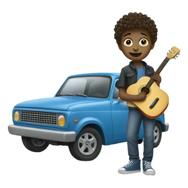 small boy holding a guitar and wearing silly shoes standing on top of a blue car sticker