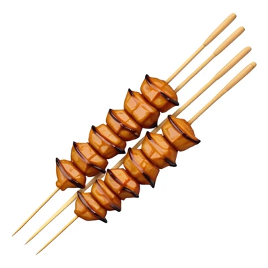 Cinematic Realistic Satay Dish Emoji, depicted as skewered, marinated meat grilled to perfection rendered with rich, smoky textures and dynamic, appetizing lighting. sticker