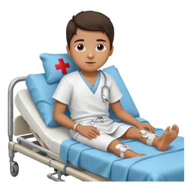 A young hispanic boy is in a hospital bed because of a broken leg. sticker