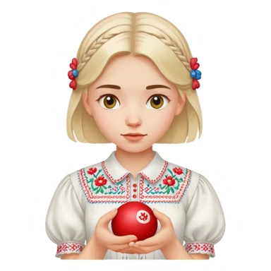 A young Ukrainian girl in a white embroidered shirt holds a ball of thread in her hand sticker