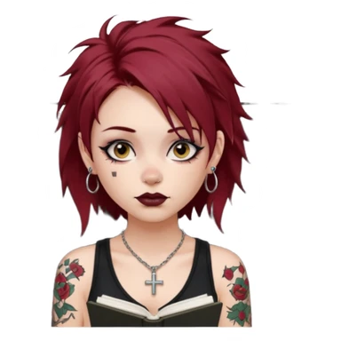generate an ios genmoji of a girl with dark red messy hair with eyeliner on her eyes.  septum piercing, wearing a cami black top, has tattoos, on shoulders. ear piercings. wearing a cross silver necklace. Holding an overfilled sketchbook sticker