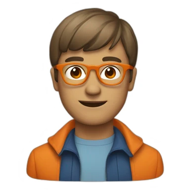a man with a bowl cut brown squar glasses, a orange jacket sticker