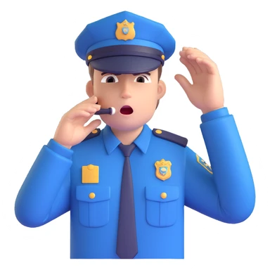 3D style police officer, facing forward, blowing a whistle, hand up to stop, realistic uniform, expressive face, subtle shading sticker