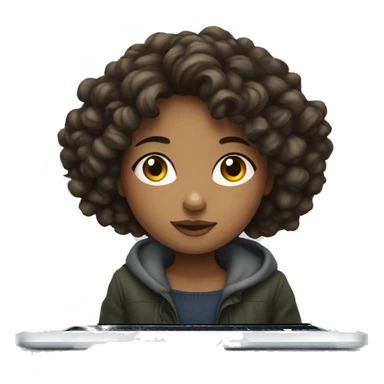 European girl with short and curly hair sits at a macbook sticker