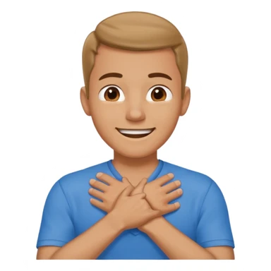 Man with hands gripped around neck crossed like he is choking while smiling sticker