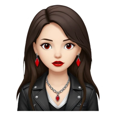 brunette with very long hair in black cuir jacket with red lips and very dark brown eyes and white shirt and mysterious necklace without ear piercing sticker
