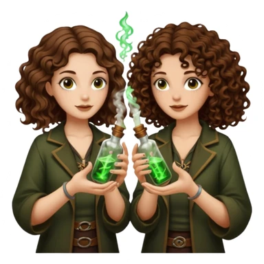 two forest alchemist women one long wavy brown hair tattoos one short tight curly brown hair clinking glowing vials sticker