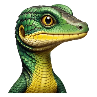 cinematic-realistic-cute-monitor-lizard-portrait-emoji,-head-tilted-playfully-and-inquisitively,-featuring-a-compact,-agile-body-with-finely-detailed,-glossy-scales-in-earthy-black and yellow-hues-and-a-distinct,-alert-face-with-bright,-curious-eyes, black , yellow spotted and green band  scales and a slender neck sticker