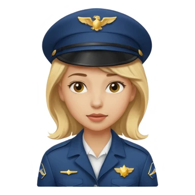 A female pilot with light skin and blonde hair under her cap sticker